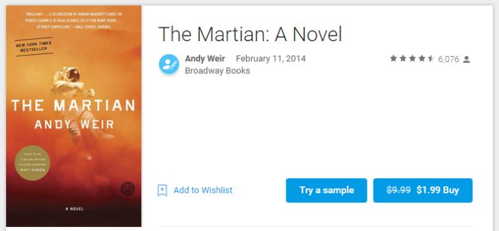 Fotografía - [Alerte pacte] Grab 'The Martian' Par Andy Weir De Google Play Books (Ou Kindle) pour 1,99 $ (9,99 $ Régulièrement)
